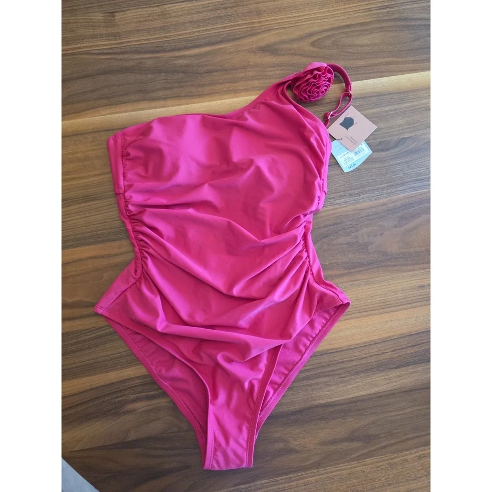 Pink Rosette One Shoulder Tummy Control One Piece Swimsuit Size L (247)
